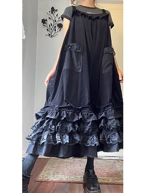 Black Velvety Corduroy Super Ruffly Babydoll Overalls