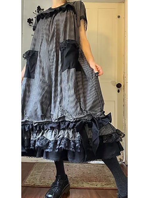 Black Pinstripe Ruffly Bowtie Babydoll Overalls