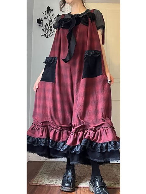 Red Plaid Flannel Roses and Bows Neckline Babydoll Overalls