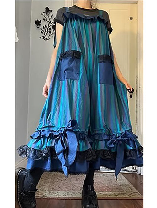 Blue/Purples Stripe Ruffly Bowtie Babydoll Overalls