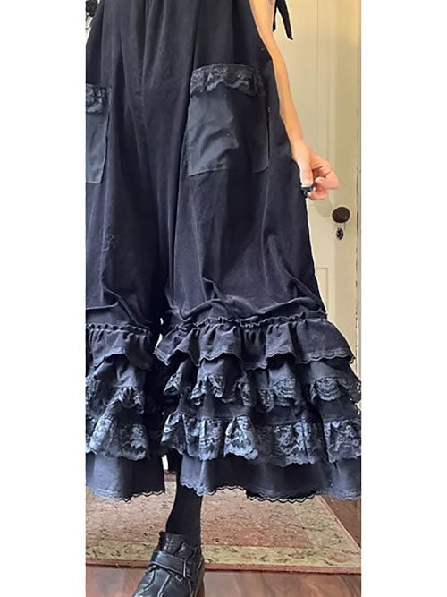 Black Velvety Corduroy Super Ruffly Babydoll Overalls