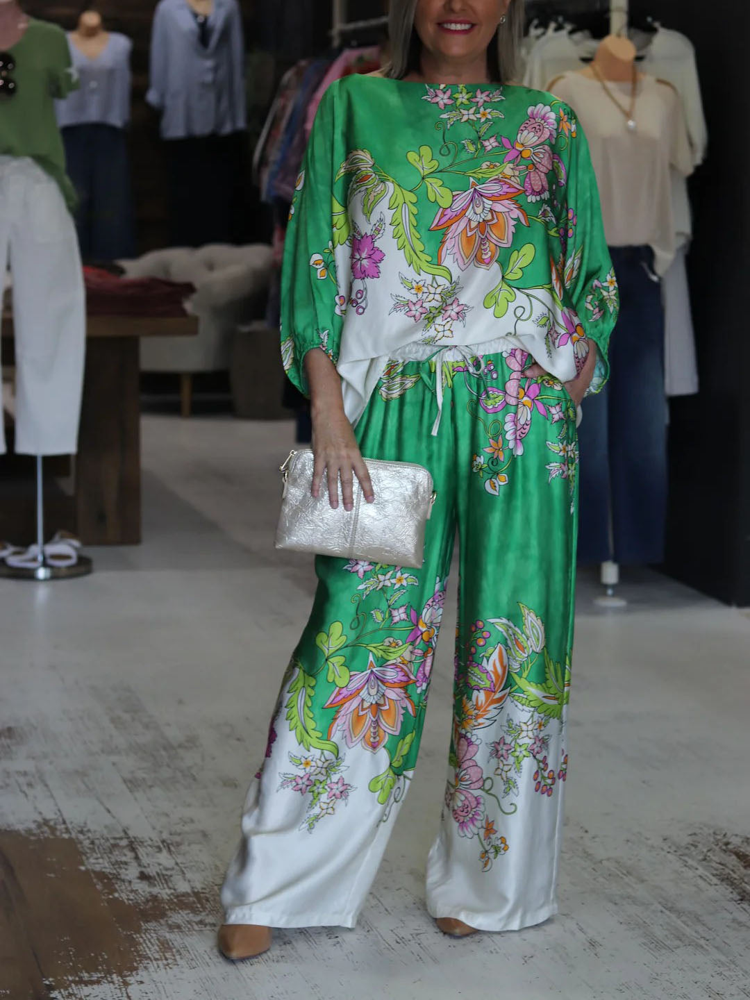 Vibrant Floral Silky Wide-Leg Two-Piece Set