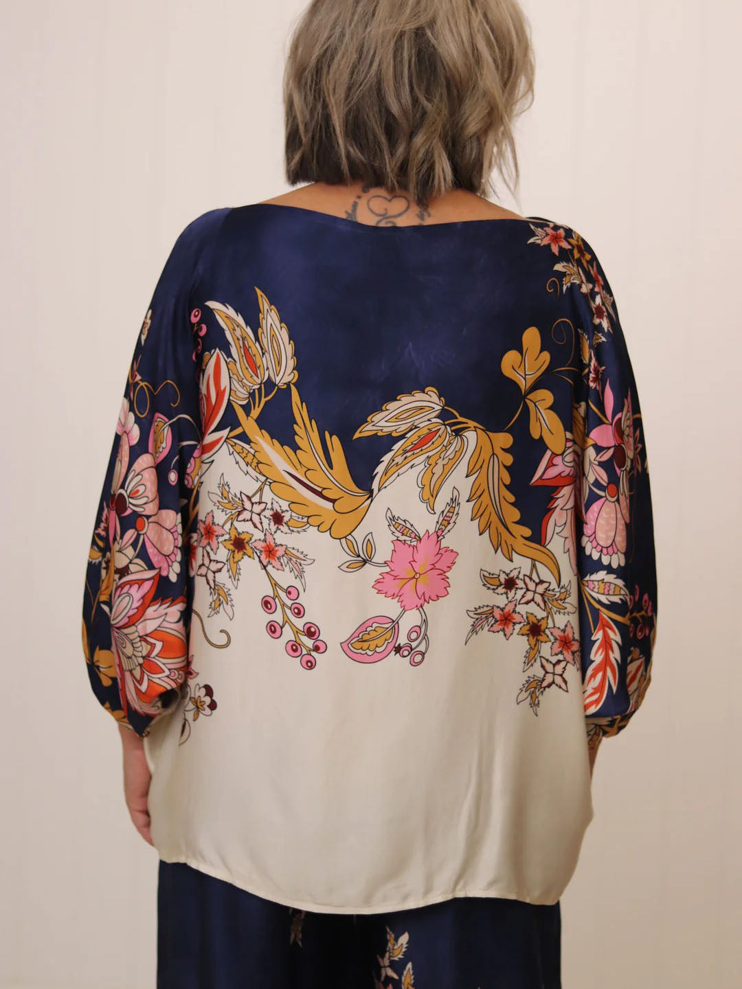 Elegant Navy Floral Silky Wide-Leg Two-Piece Set