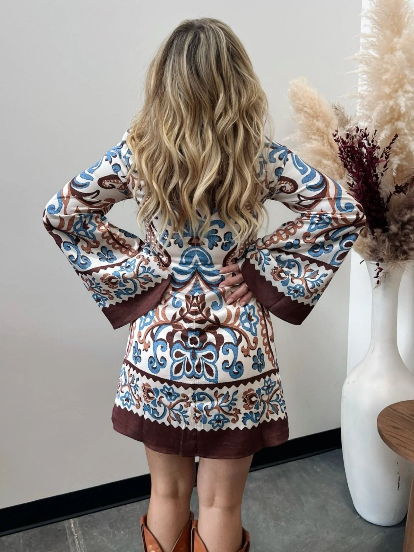 Vintage Pattern Bell-Sleeve Shift Mini Dress