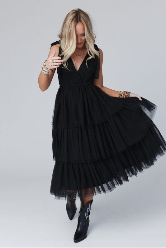 Boho Ballerina Tiered Tulle Dress - Black