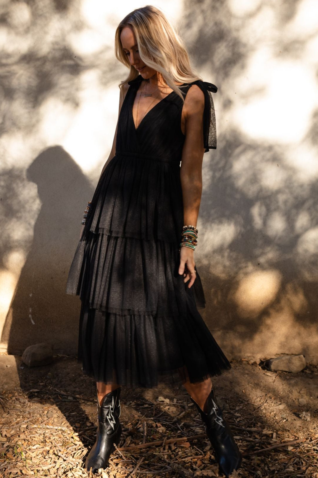 Boho Ballerina Tiered Tulle Dress - Black