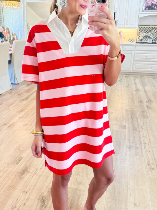 Pink and Red Stripe Collared Dress