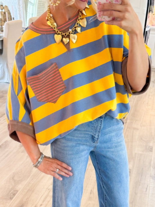 Mustard and Blue Stripe Colorblock Top