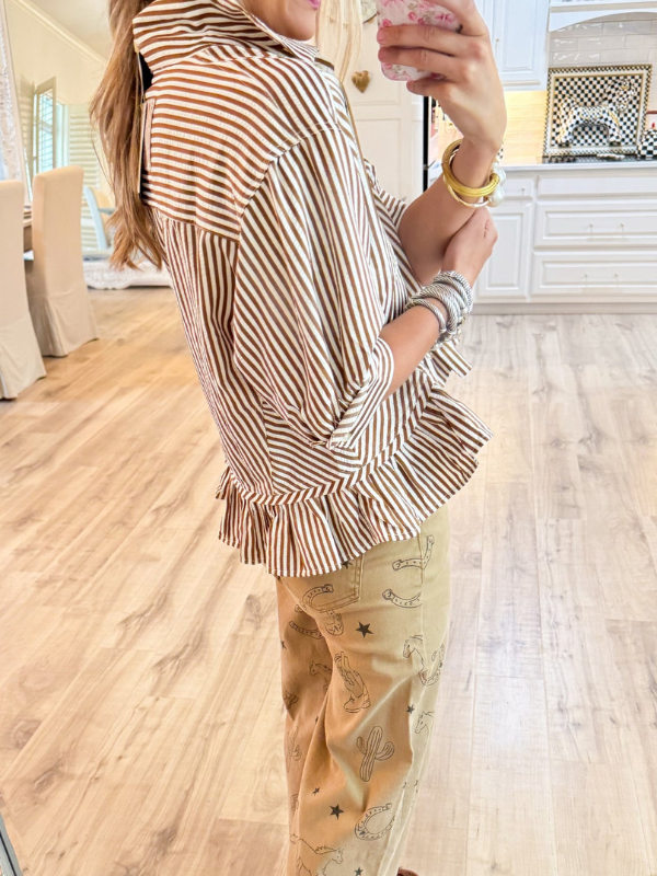 Brown Stripe Ruffle Hem Top