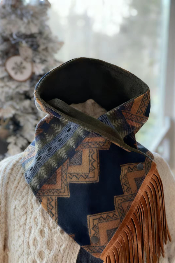 Women's Western Fringe Scarf - Blue/Yellow Aztec