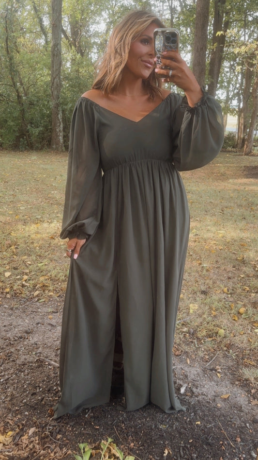 Timeless Romantic Chiffon Maxi Dress, Olive