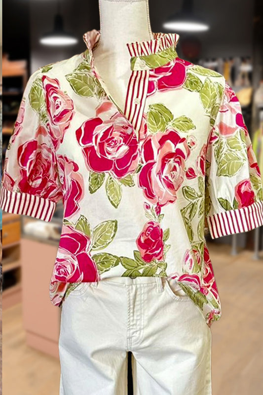Floral Print Striped Neck Top