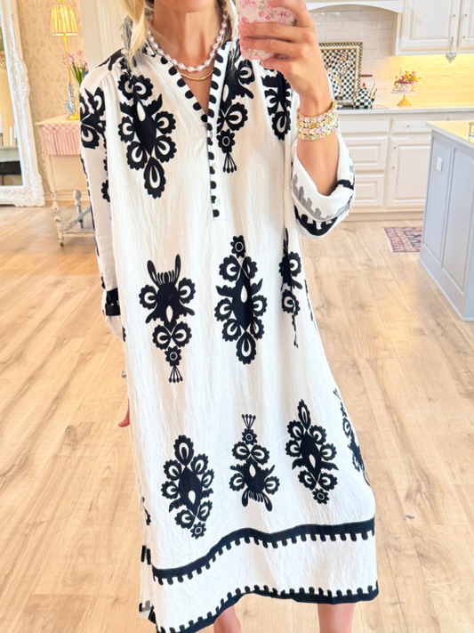 Black and Cream Abstract Print Midi Dress