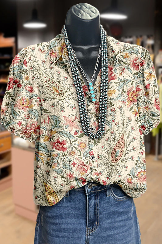 Vintage Floral Print Puff Sleeve Top