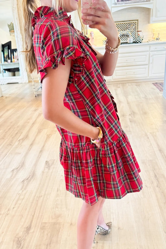 Red Plaid Frilled Neck Mini Dress