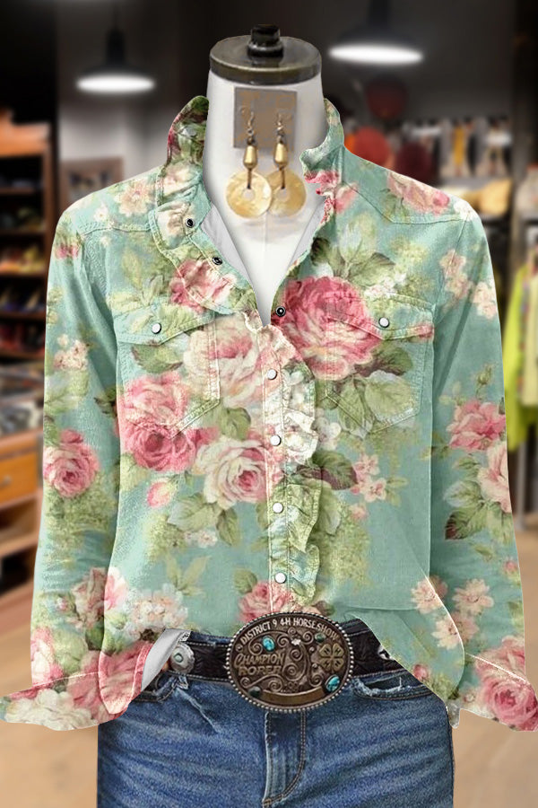 Chic Floral Print Ruffle Neck Shirt