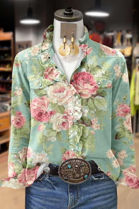 Chic Floral Print Ruffle Neck Shirt