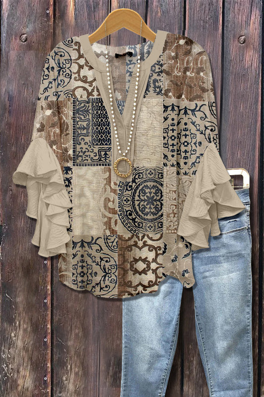 Mixed Ethnic Print Ruffle Sleeve Top