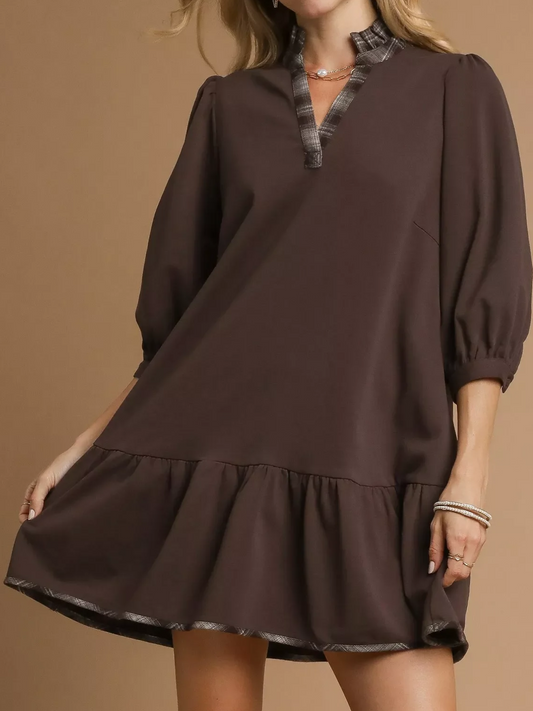 Checkered trim terry ruffle dress