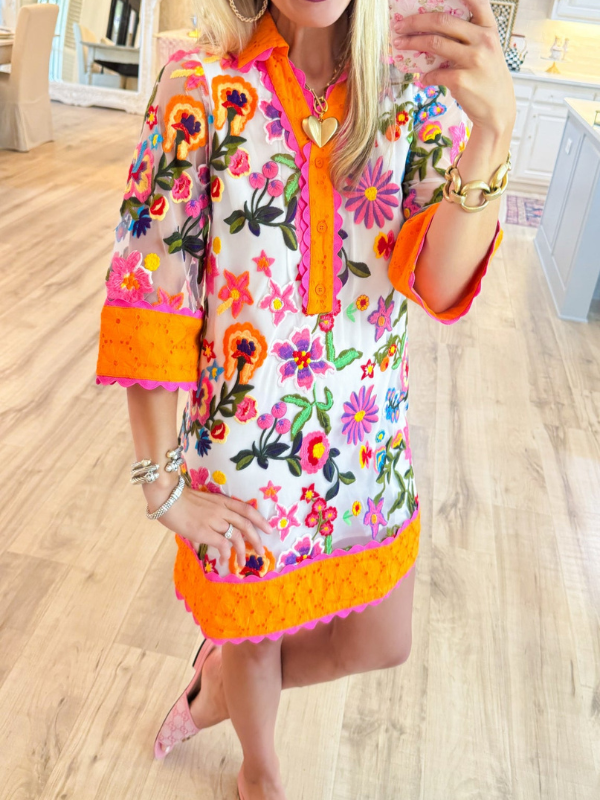 Orange Floral Embroidered Shift Dress