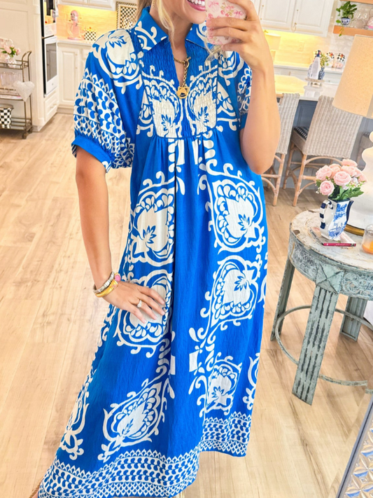Mixed Print Puff Sleeve Midi Dress