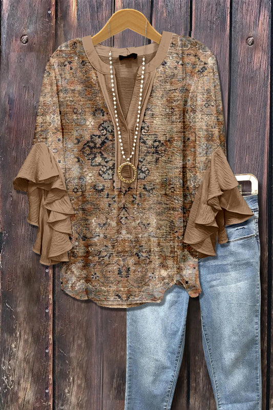 Retro Ethnic Print Ruffle Sleeve Top