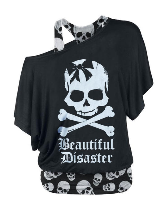 Punk skull loose fake two pieces of wild tops t-shirt