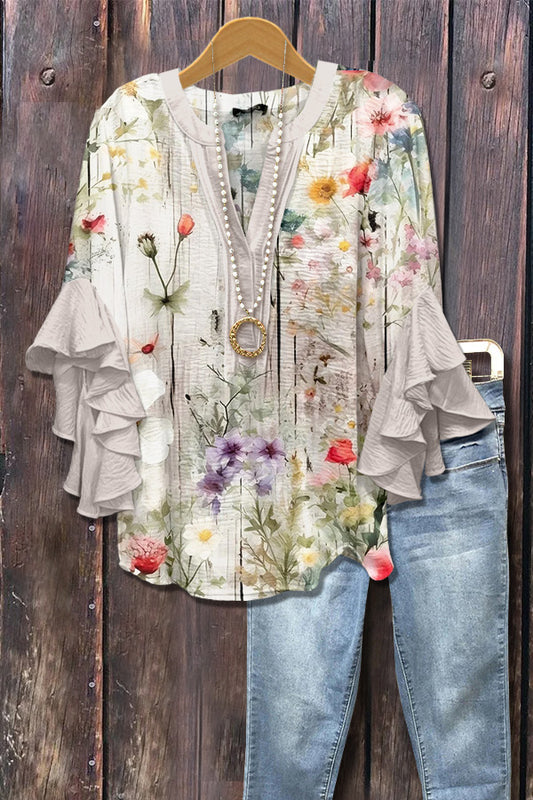 Elegant Floral Print Ruffle Sleeve Top