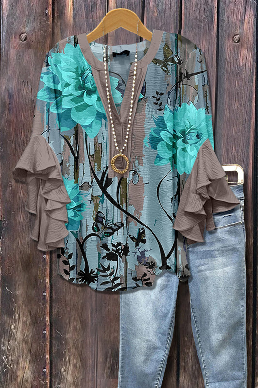 Elegant Floral Print Ruffle Sleeve Top