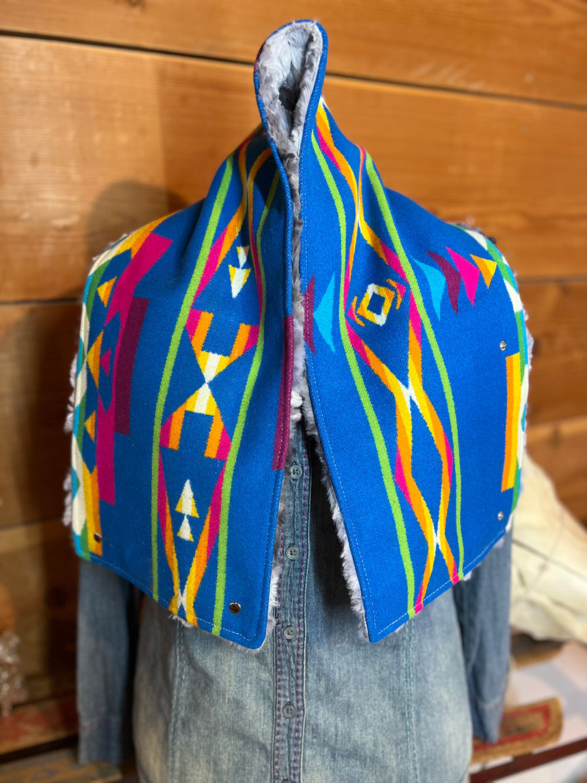 Western Blue Aztec Sherpa Warm Neck Hood