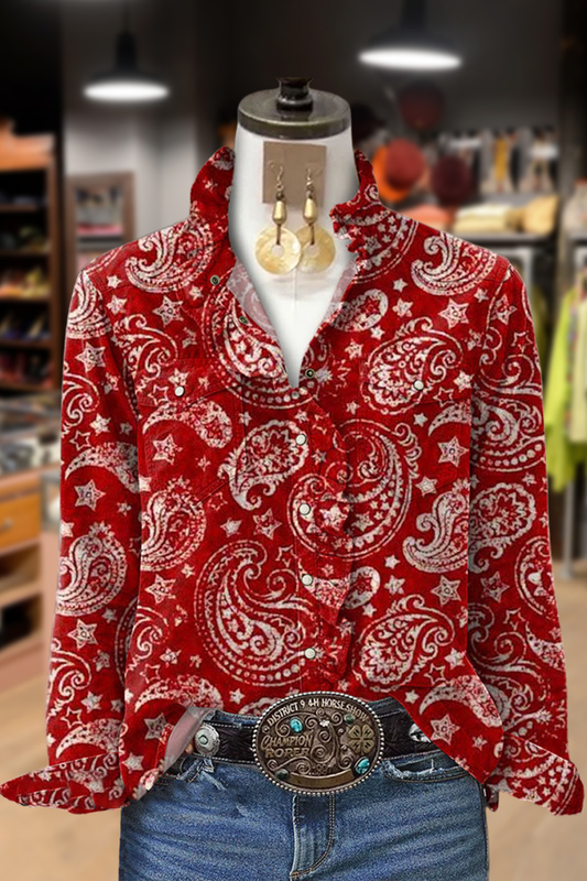 Retro Paisley Print Ruffle Neck Shirt