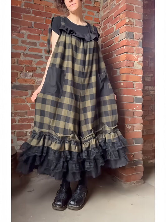 Vintage Plaid Ruffle Babydoll Overalls Jumpsuit