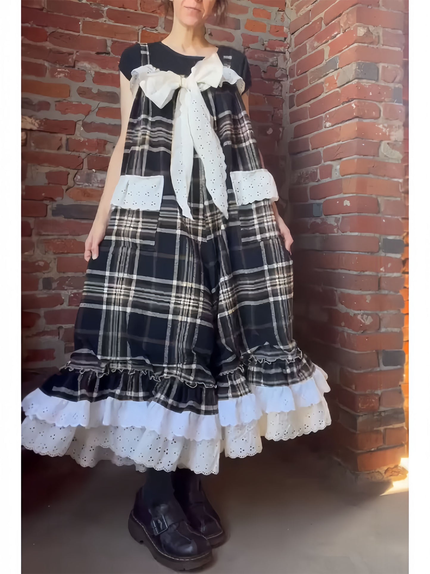 Vintage Plaid Ruffle Babydoll Overalls Jumpsuit