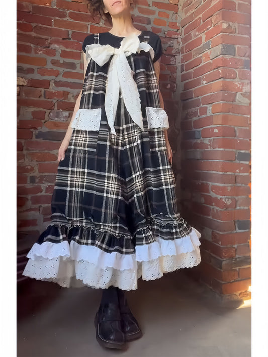 Vintage Plaid Ruffle Babydoll Overalls Jumpsuit