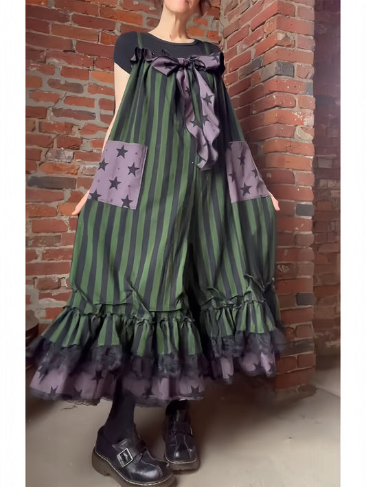 Vintage Striped Ruffle Babydoll Overalls Jumpsuit