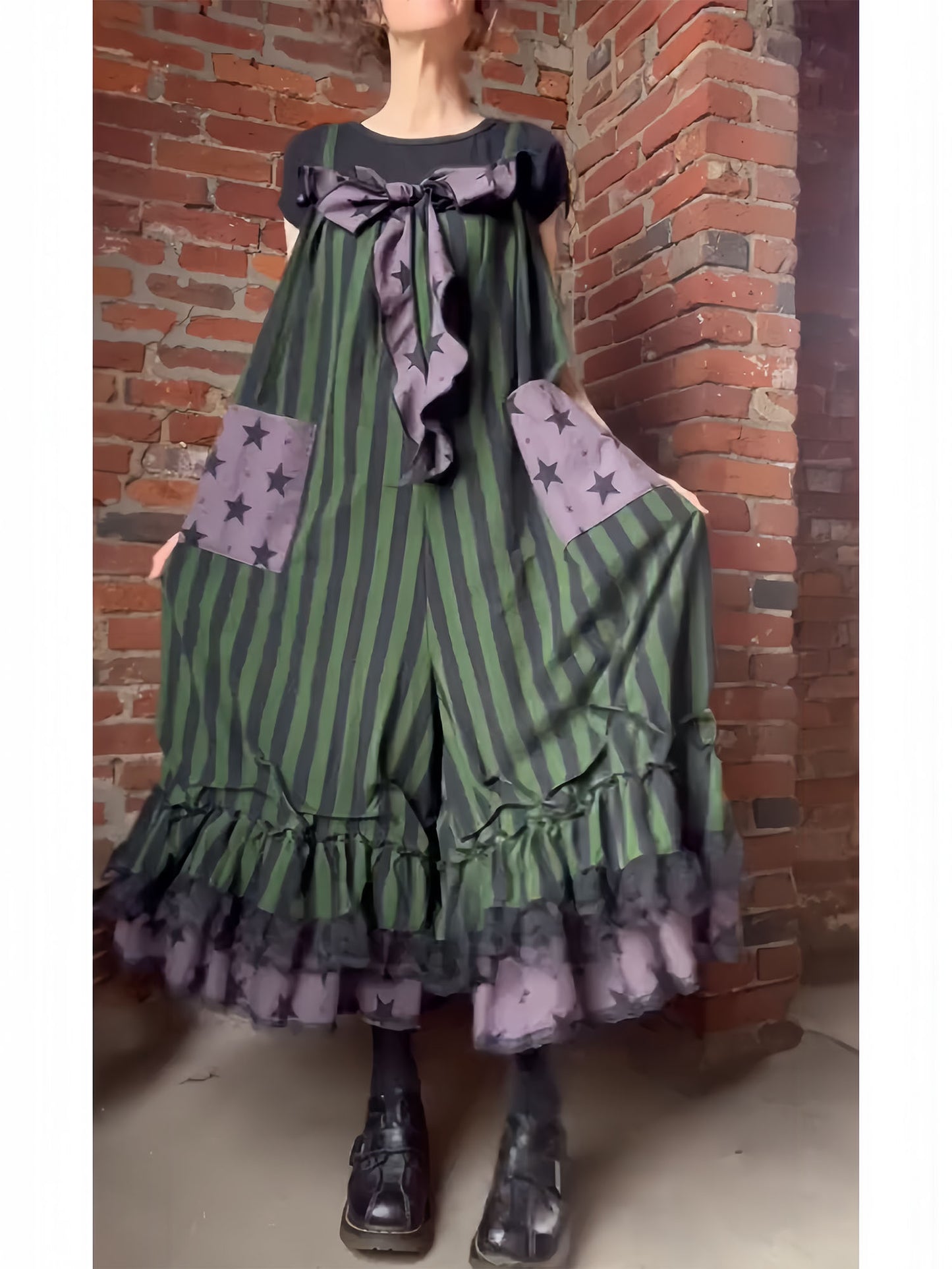 Vintage Striped Ruffle Babydoll Overalls Jumpsuit