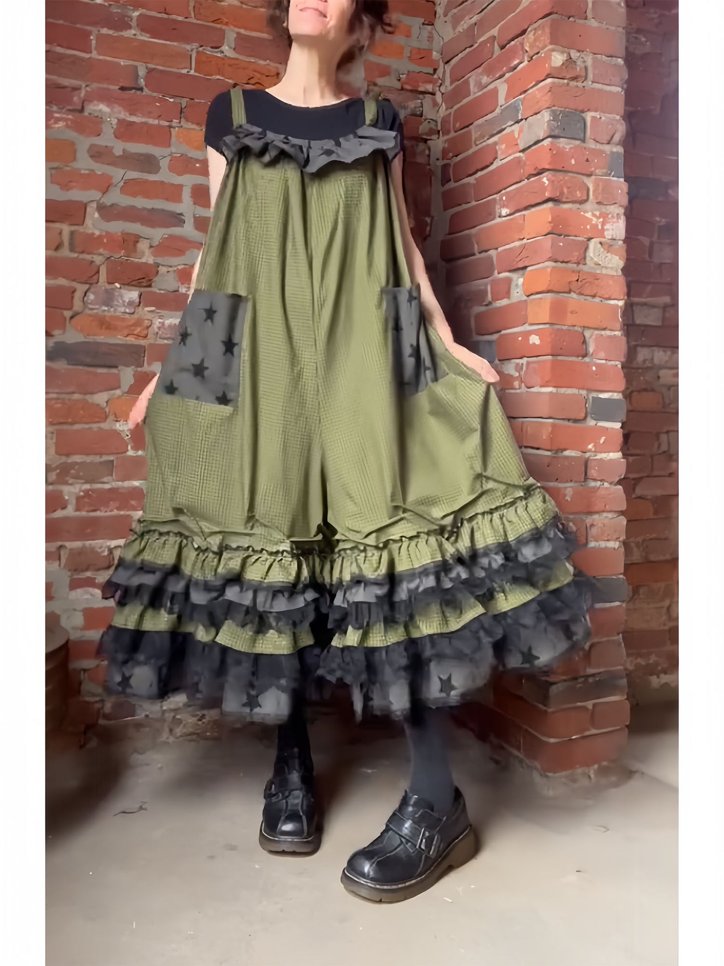 Vintage Plaid Ruffle Babydoll Overalls Jumpsuit