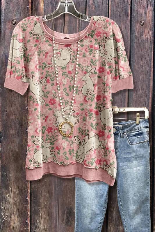 Floral Bunny Print Short Sleeve Easter Sweatshirt