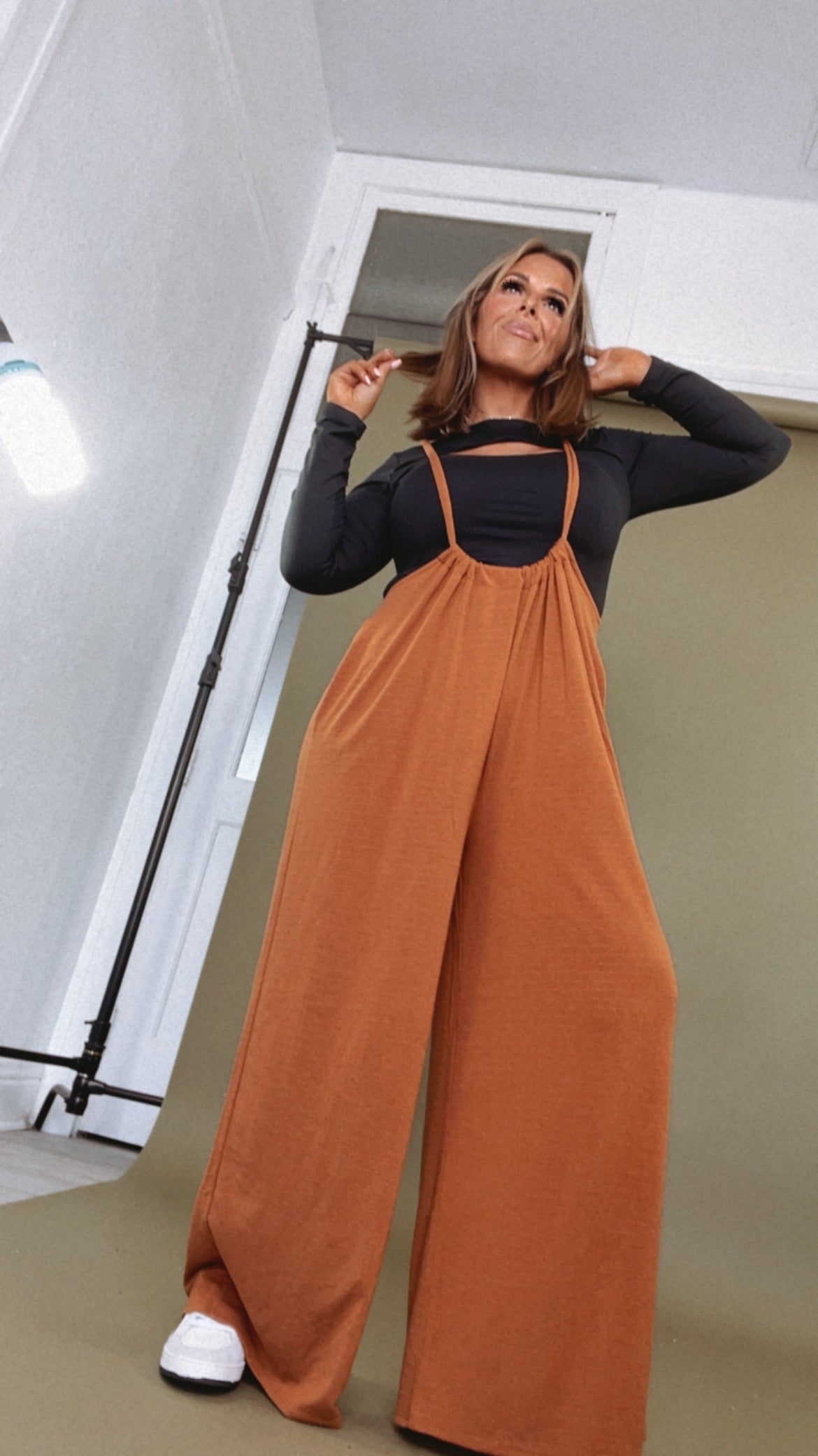 Head Over Heels Suspender Jumpsuit, Camel