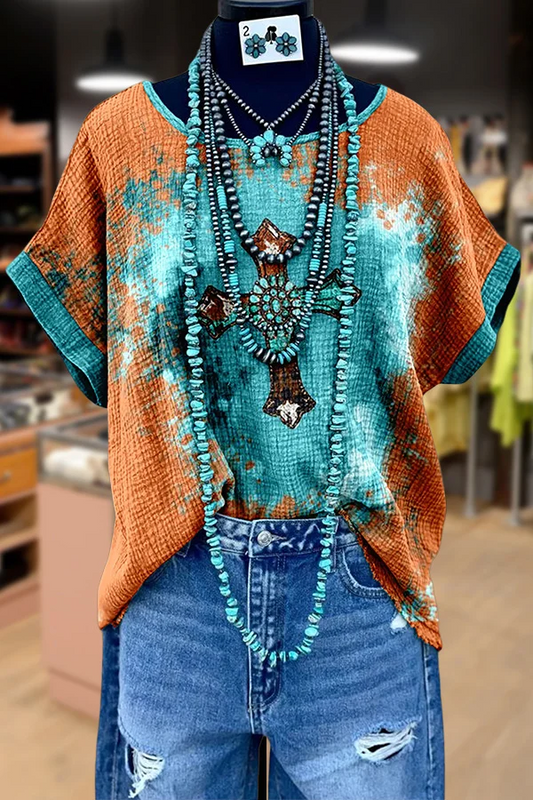 Vintage Cross Print Dolman Sleeve Top