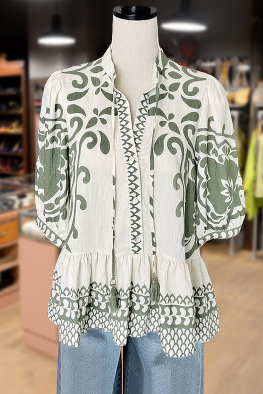 Vintage Print Tassel Neck Top