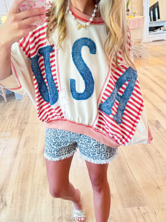 Oatmeal Red & Rose Washed Denim Patchwork Top