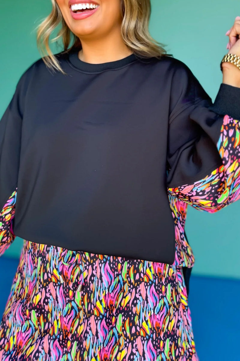 Crew Neck Printed Panel Scuba Set lnBlack Abstract Animal