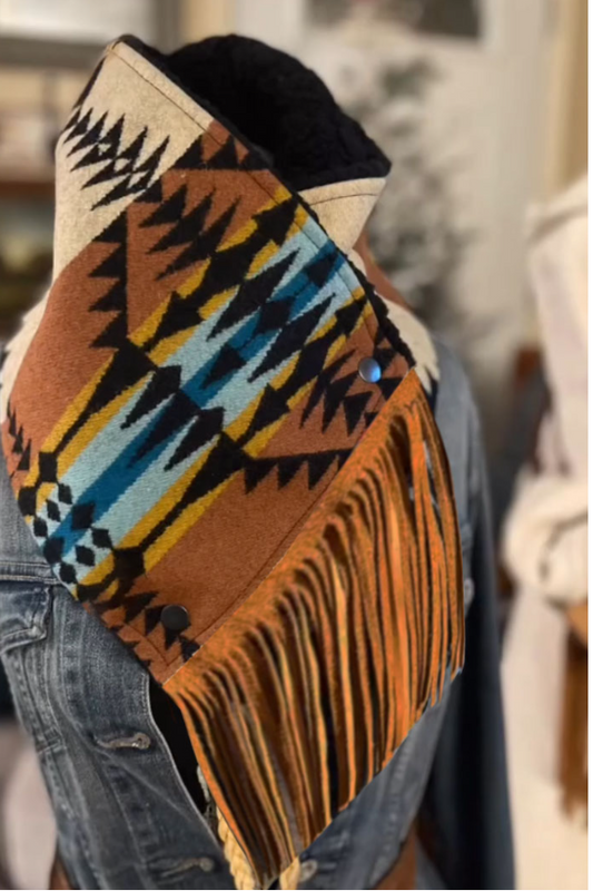Women's Western-style Fringe Scarf - Black/Yellow Aztec