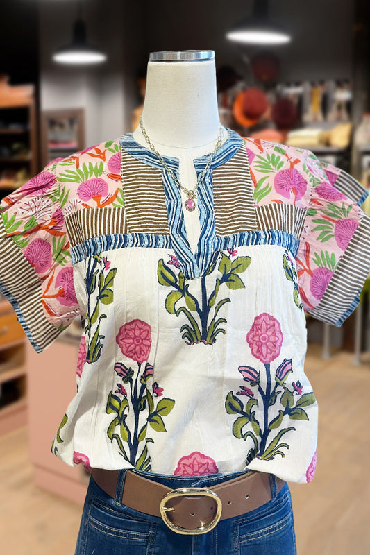 Mixed Floral Print Split Neck Top