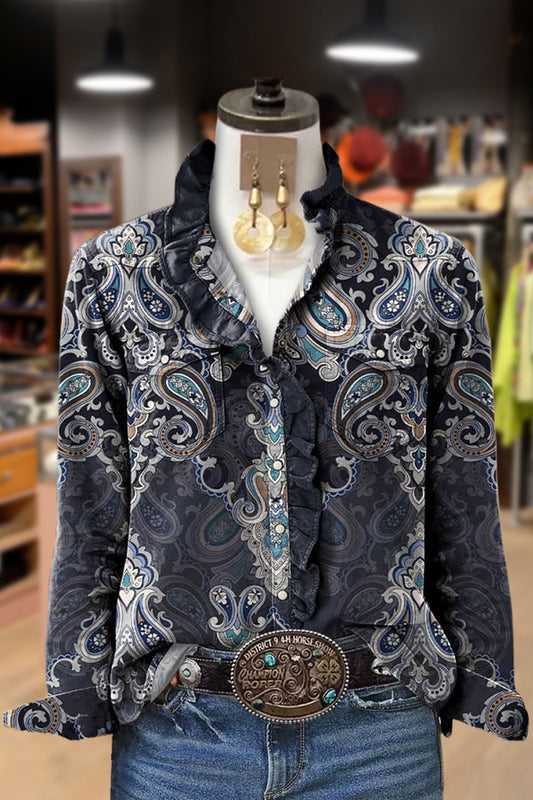 Vintage Paisley Print Ruffle Blouse
