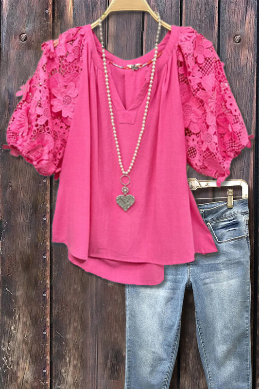 Floral Eyelet Lace Short Sleeve Linen Top