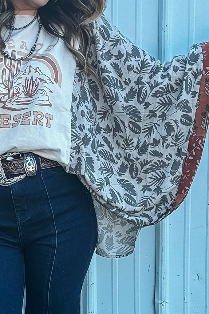 PEACE DESERT GRAPHIC ASYMMETRIC PRINTED PATCHWORK SLEEVE TOP