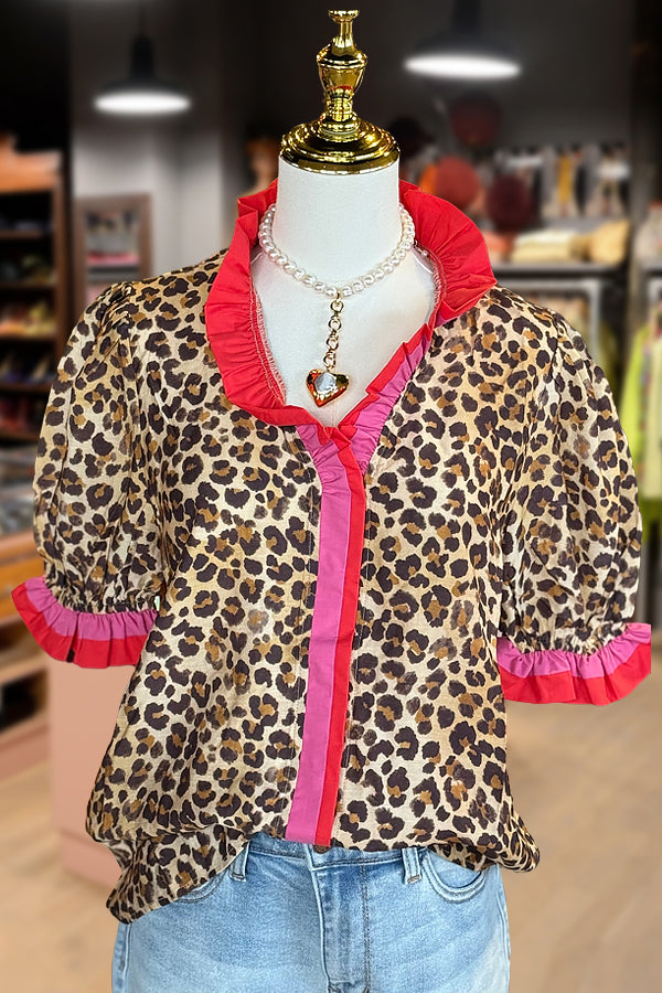 Leopard Print Ruffle Neck Puff Sleeve Top