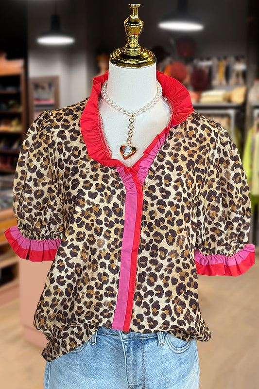 Leopard Print Ruffle Neck Puff Sleeve Top